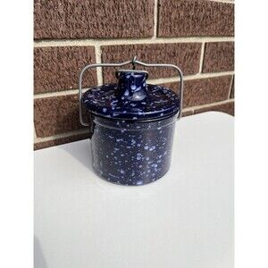 Vintage Cobalt Blue Agate Speckled Crock Butter Cheese‎ Crock